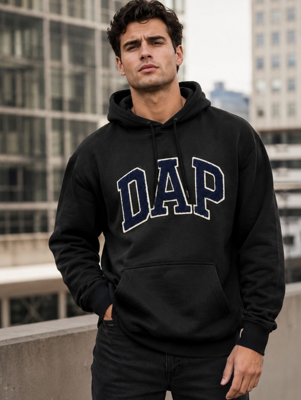 GAP x DAP Dapper Dan Black Chenille Logo Hoodie Size L NWT